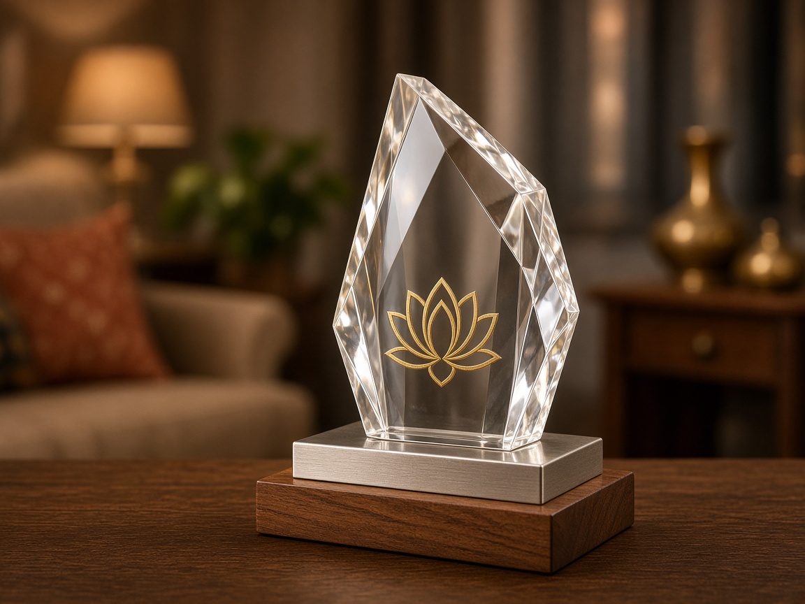 Crystal acrylic award with a lotus motif by Harshiv Art Studio, Rajkot