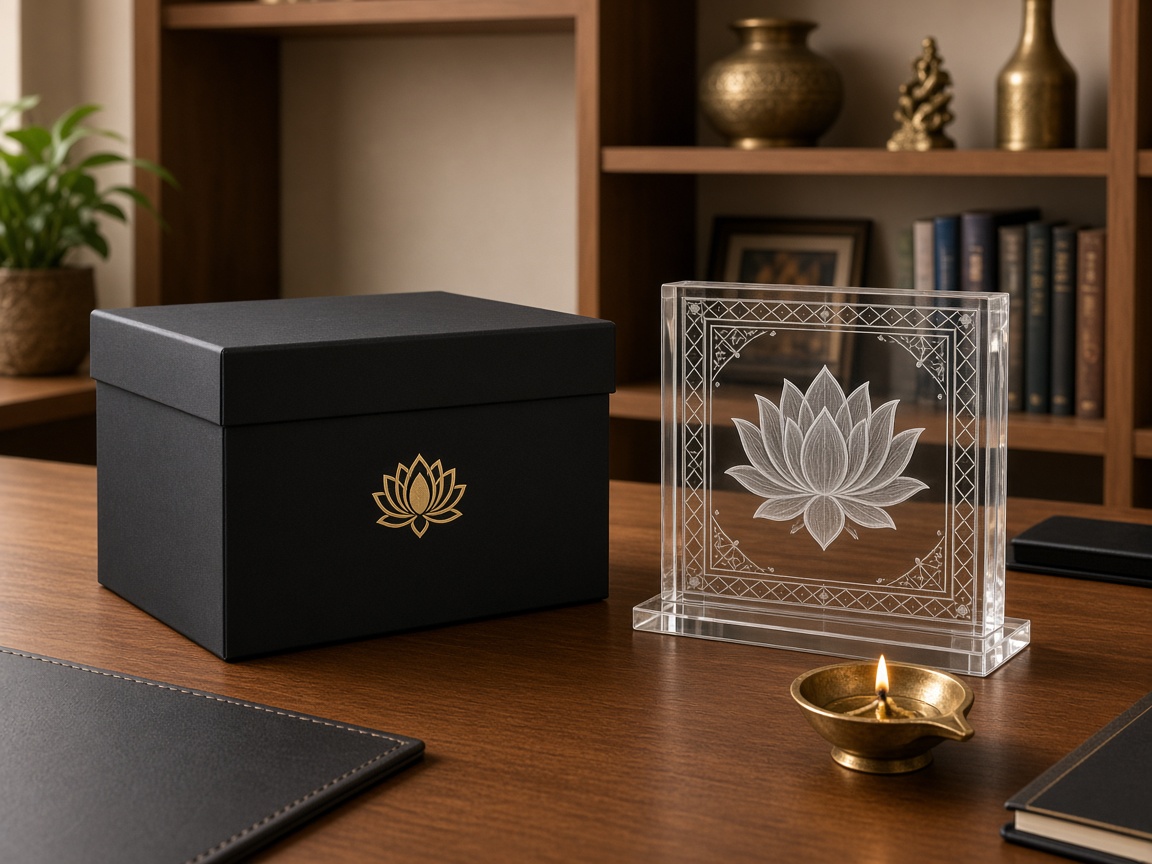 Indian corporate gift set with a lotus plaque and brass diya, Harshiv Art Studio Rajkot