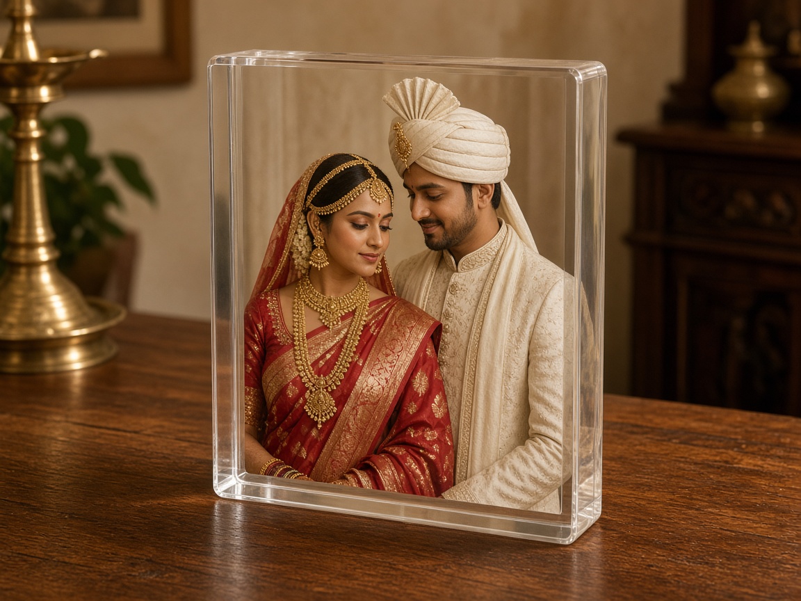 Acrylic photo block with a traditional Indian wedding portrait, Harshiv Art Studio Rajkot