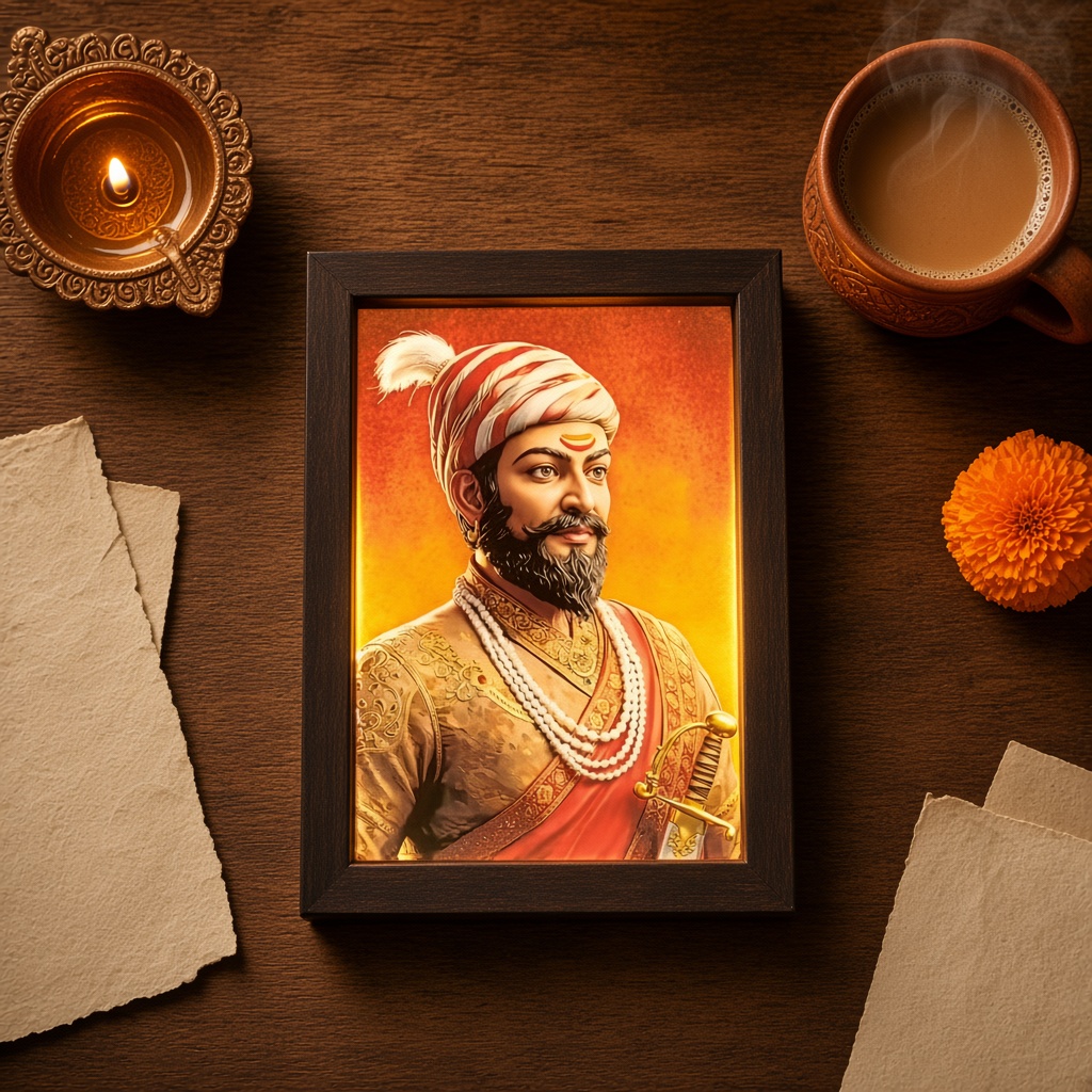A glowing traditional art frame on a studio desk at Harshiv Art Studio, Rajkot.